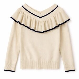 Knitted & Knotted Anthropologie Ivory Ruffle Coquette Poet V-Neck Sweater Sailor